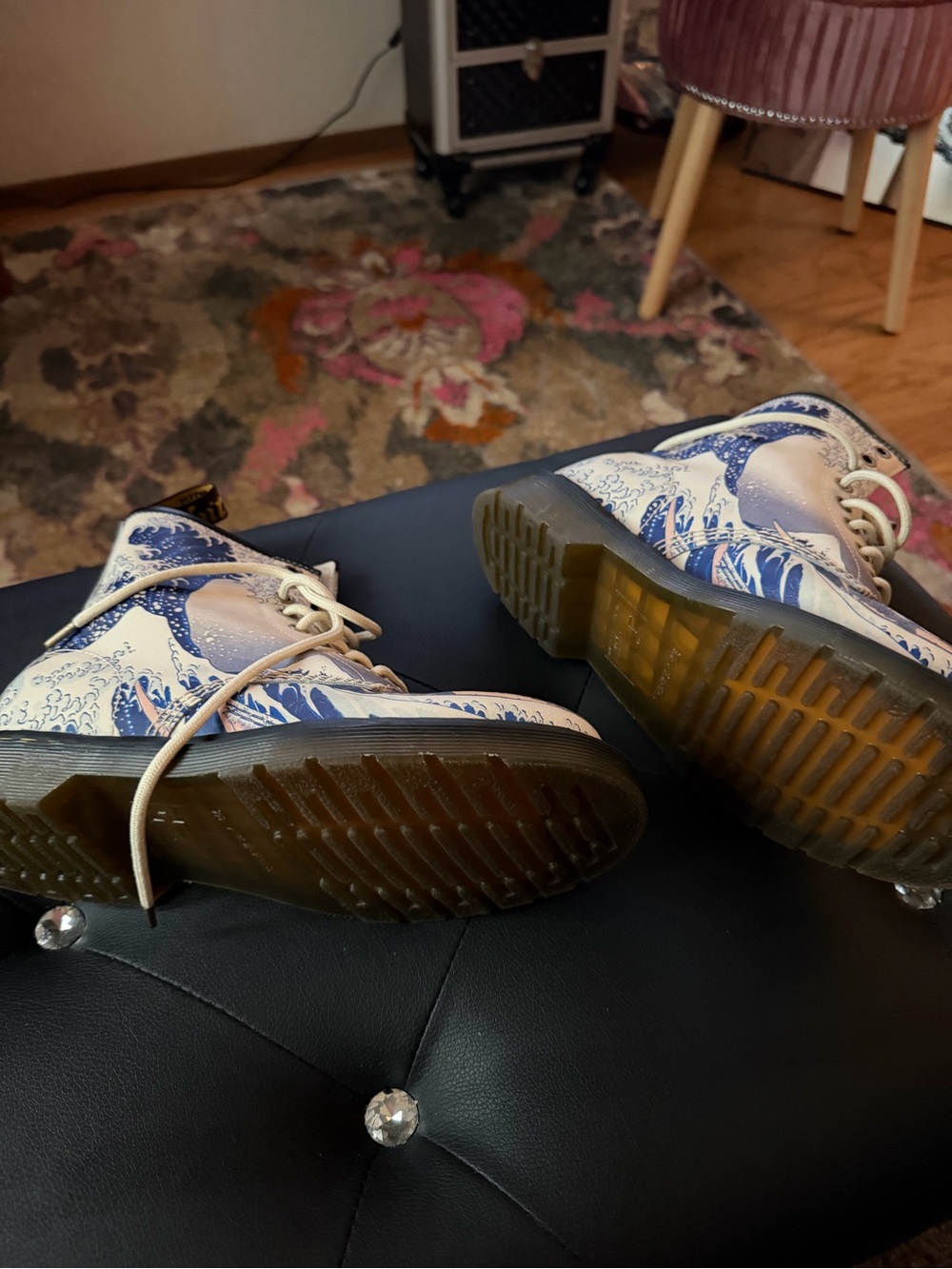 Dr Martens Canvas Wave-Print Lace-Up Boots in Blue and Cream Limited Edition - Picture 2 of 4